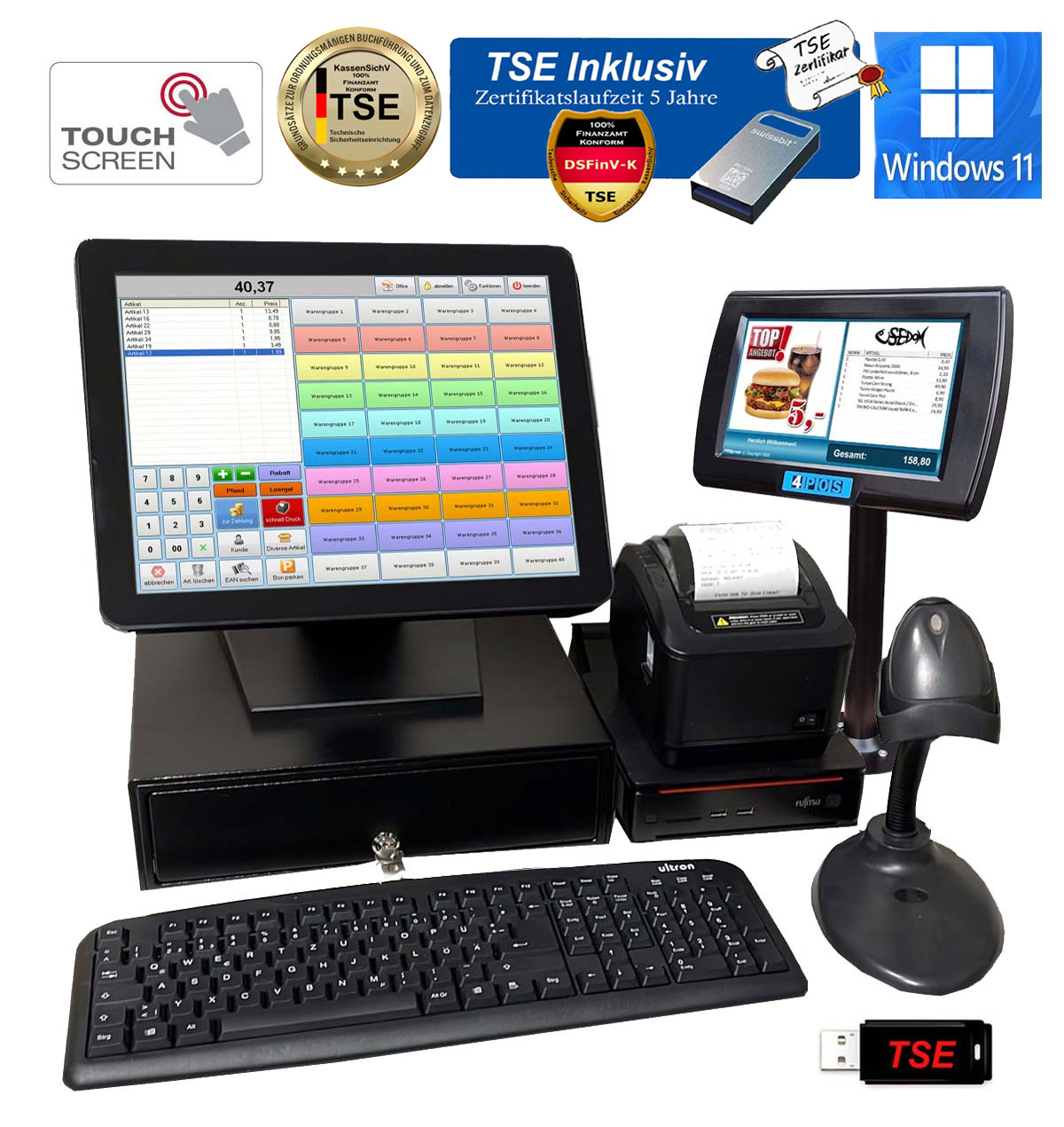 All-in-One Kasse Für Handel, Kiosk, Imbiss – Mit Bondrucker, Barcodescanner & Kundendisplay Kassen Buch